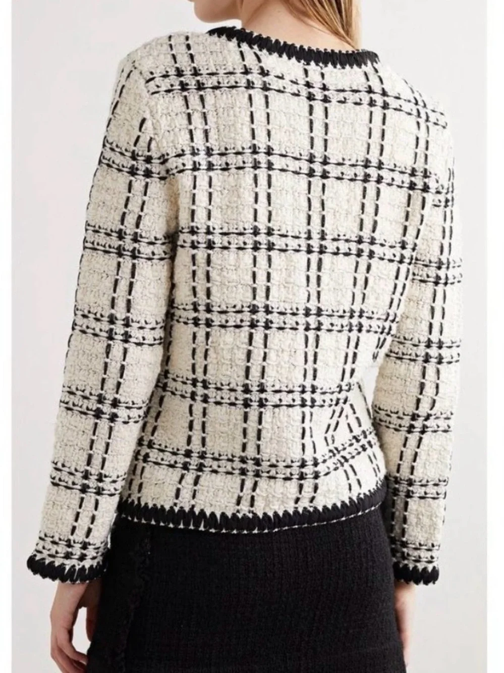 Tory Burch Kendra Chiffon-Trimmed Linen Blend Tweed Jacket Cream Black XL